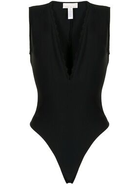 Fleur du Mal Black Lace Detail Deep V Sleeveless Bodysuit, Size Large Women’s